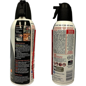 Back view of Falcon Dust-Off Professional Electronics Compressed Air Duster 12 oz can showing usage instructions, safety warnings, and application guidelines.