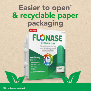 Flonase Allergy Relief 144 sprays nasal spray in recyclable paper packaging, easy open design
