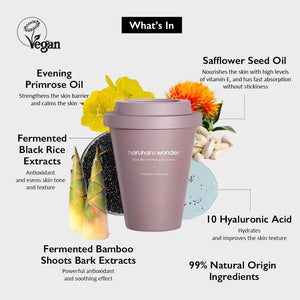 Key ingredients of Haruharu Wonder Black Rice Hyaluronic Cream including fermented black rice and hyaluronic acid