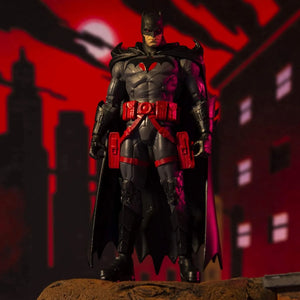 McFarlane Toys DC Batman Flashpoint 7-inch action figure posed against red Gotham city background.