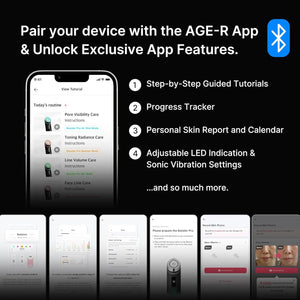 Medicube Booster Pro connected to AGE-R app showing skincare routines, progress tracking, and Bluetooth features