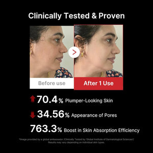 Before and after clinical results of Medicube Booster Pro showing improved pores and plumper skin