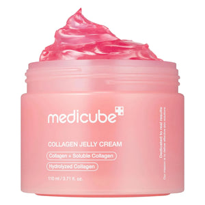 Close-up of Medicube Collagen Jelly Cream 110 ml showing pink jelly texture with hydrolyzed collagen for hydration and glow
