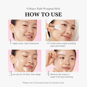How to use Medicube Collagen Night Wrapping Mask showing application, drying, overnight wear and peel off steps