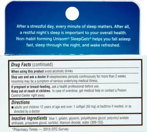 Unisom SleepGels drug facts and directions showing diphenhydramine HCl 50 mg nighttime sleep aid information