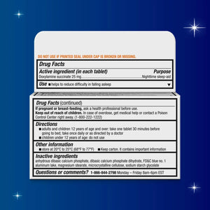 Unisom SleepTabs drug facts label showing doxylamine succinate 25 mg dosage, directions, and safety information