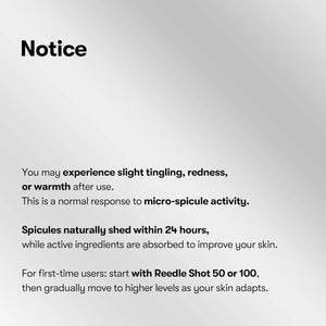 VT CICA Reedle Shot microneedling notice explaining tingling and skin response after use