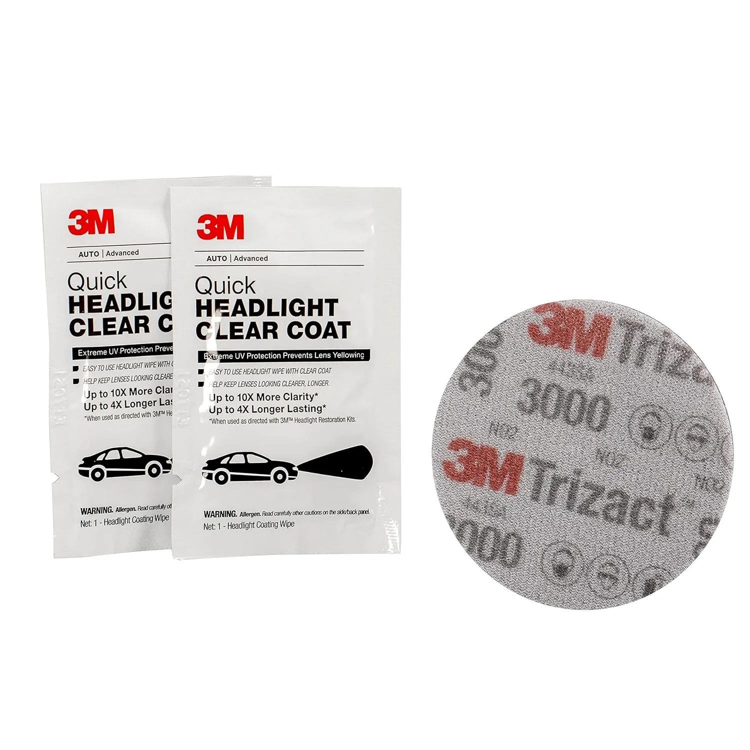 3M headlight restoration kit contents including clear coat wipes and Trizact abrasive disc