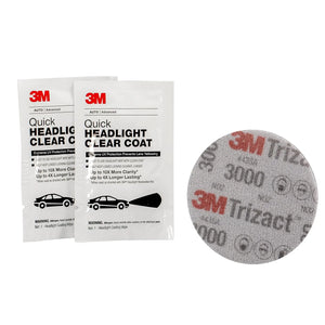 3M headlight restoration kit contents including clear coat wipes and Trizact abrasive disc