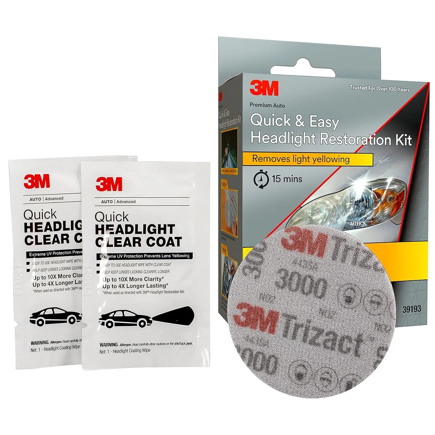 Close-up of 3M headlight restoration kit wipes and sanding disc components