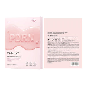 Medicube PDRN Pink Vita Coating Sheet Mask 10 pack box packaging showing front and back, Korean skincare for hydration and firming