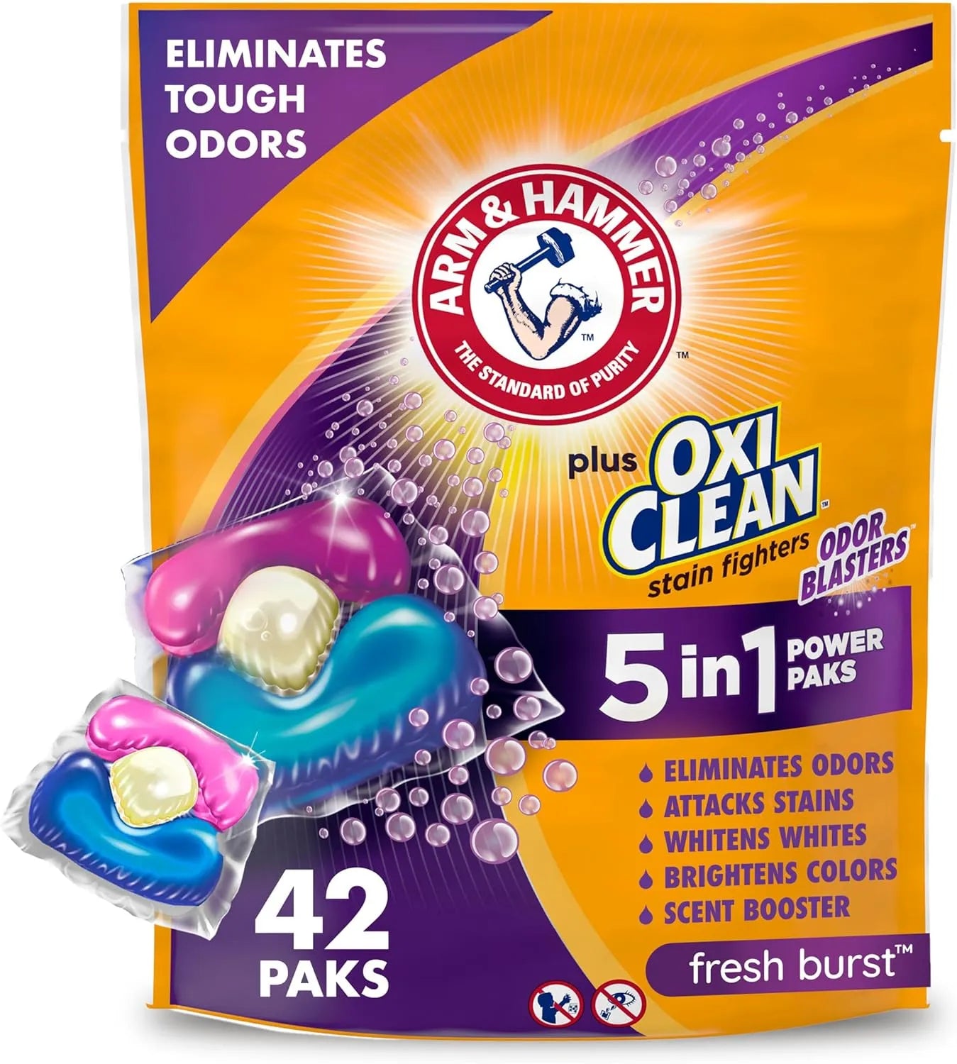 Front view of Arm & Hammer Plus OxiClean Laundry Detergent Power Paks 42 count package