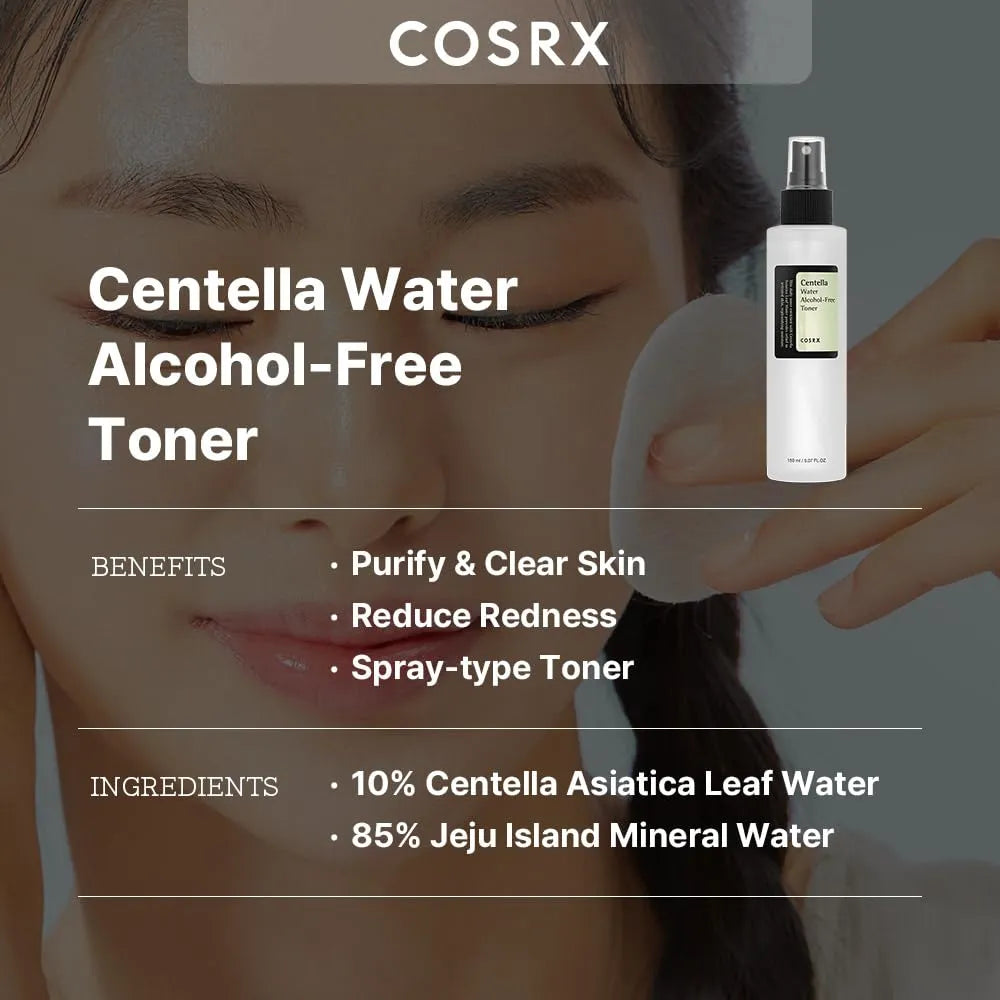 Woman applying COSRX Centella Water Alcohol-Free Toner using cotton pad