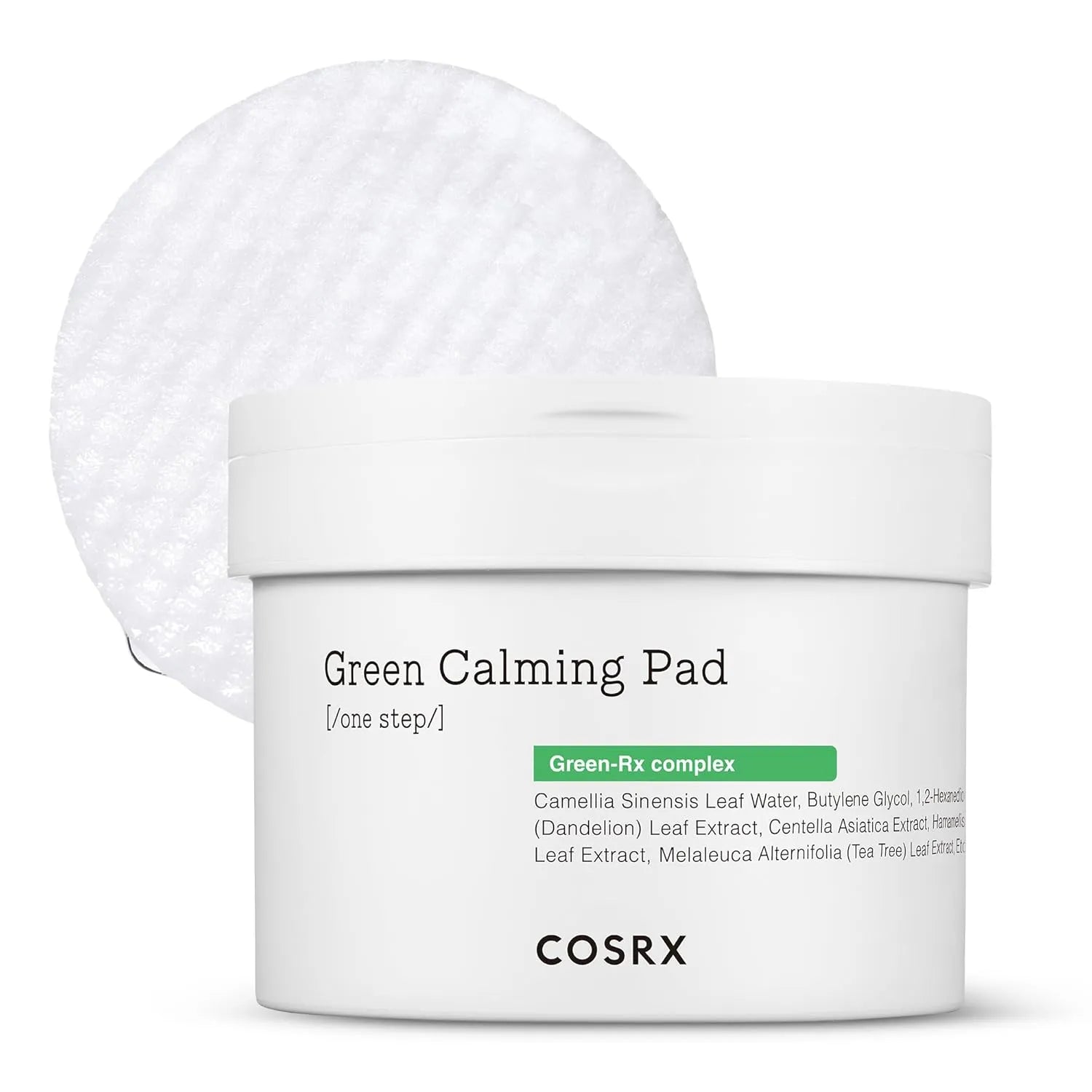 COSRX Green Calming Pad jar with dual-textured calming pads for sensitive skin