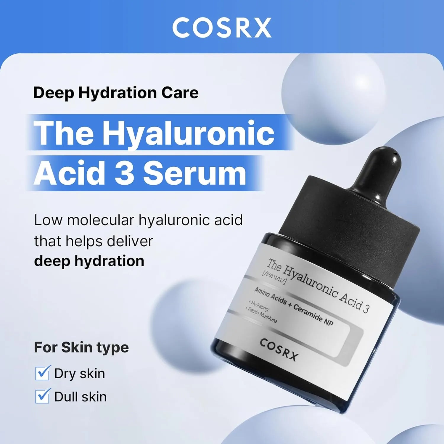 COSRX Hyaluronic Acid 3 Serum highlighting deep hydration with low molecular hyaluronic acid