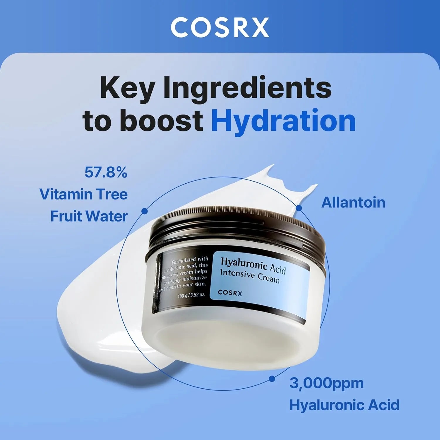 COSRX Hyaluronic Acid Cream highlighting vitamin tree water, allantoin, and hyaluronic acid