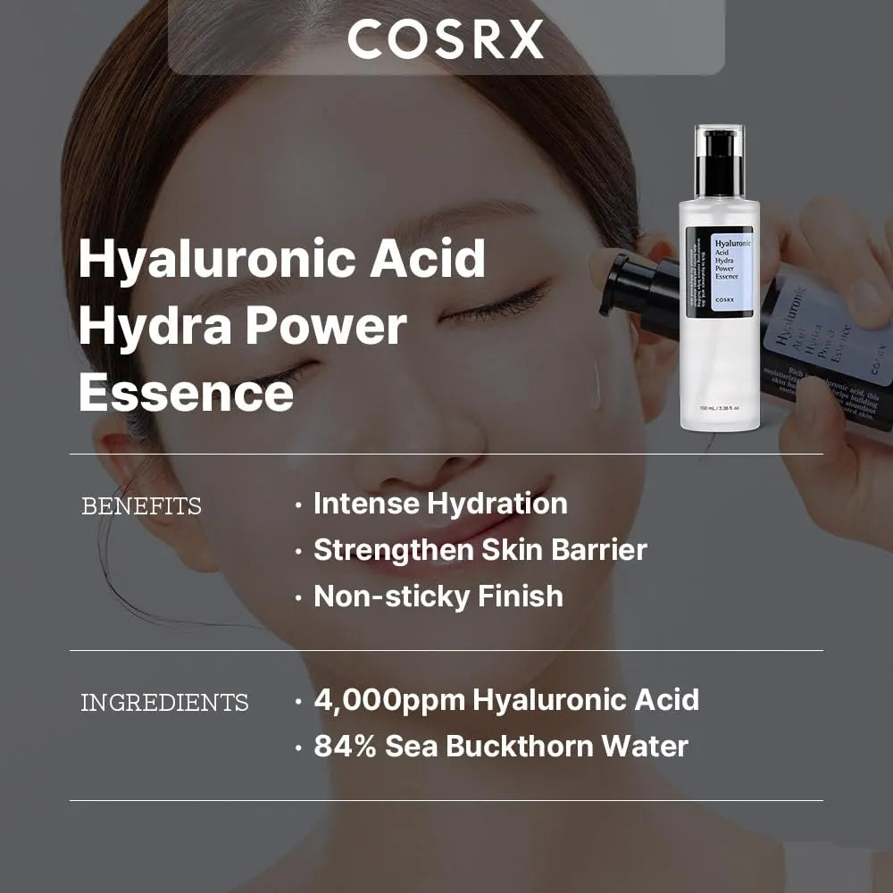 COSRX Hyaluronic Acid Hydra Power Essence showing intense hydration and non-sticky finish