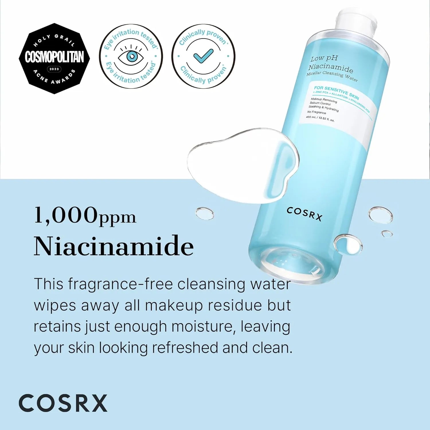 COSRX micellar cleansing water with 1000ppm niacinamide for gentle makeup removal