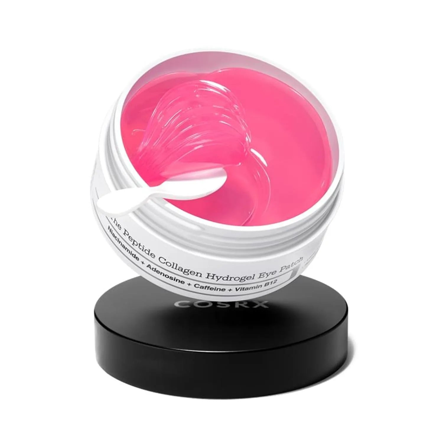 COSRX Pink Peptides Collagen Hydrogel Eye Patch jar showing pink hydrogel under eye patches