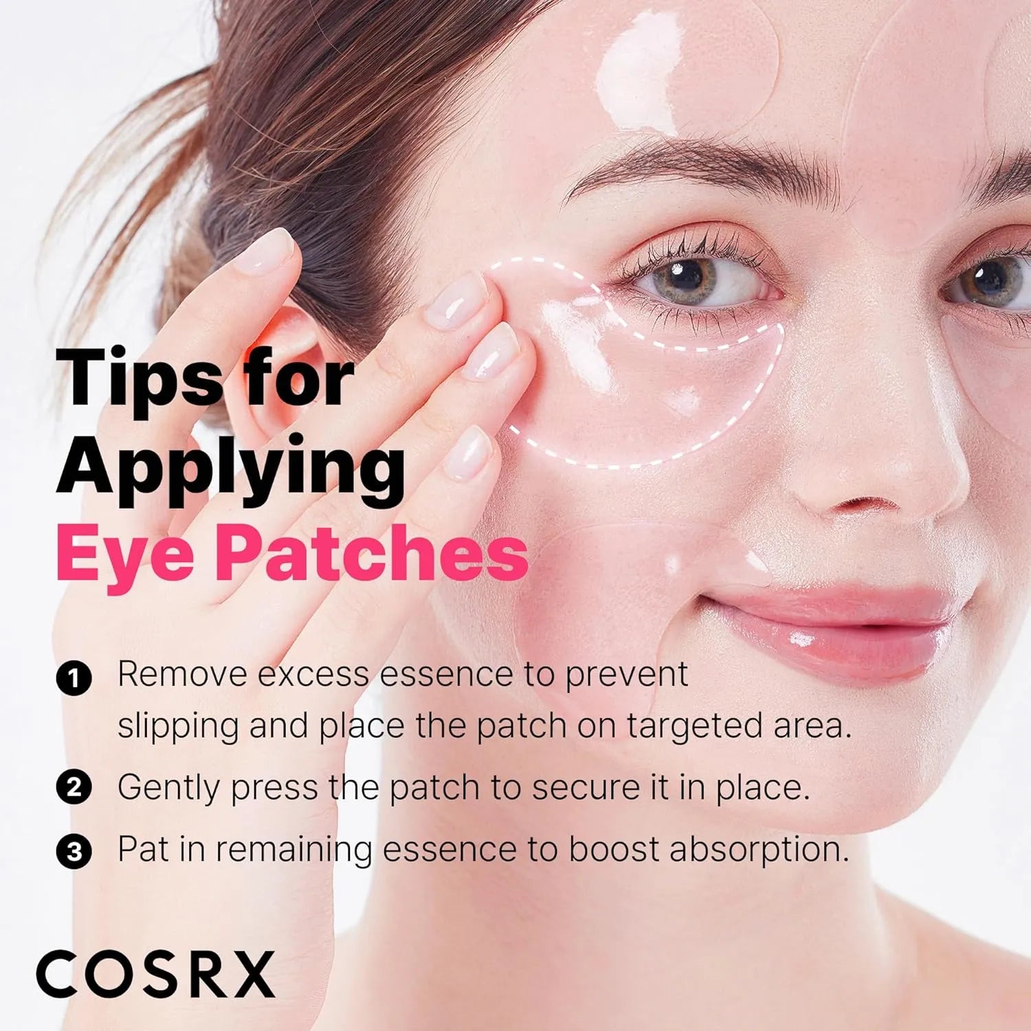 Model applying COSRX Pink Peptides Collagen Hydrogel Eye Patch under the eyes
