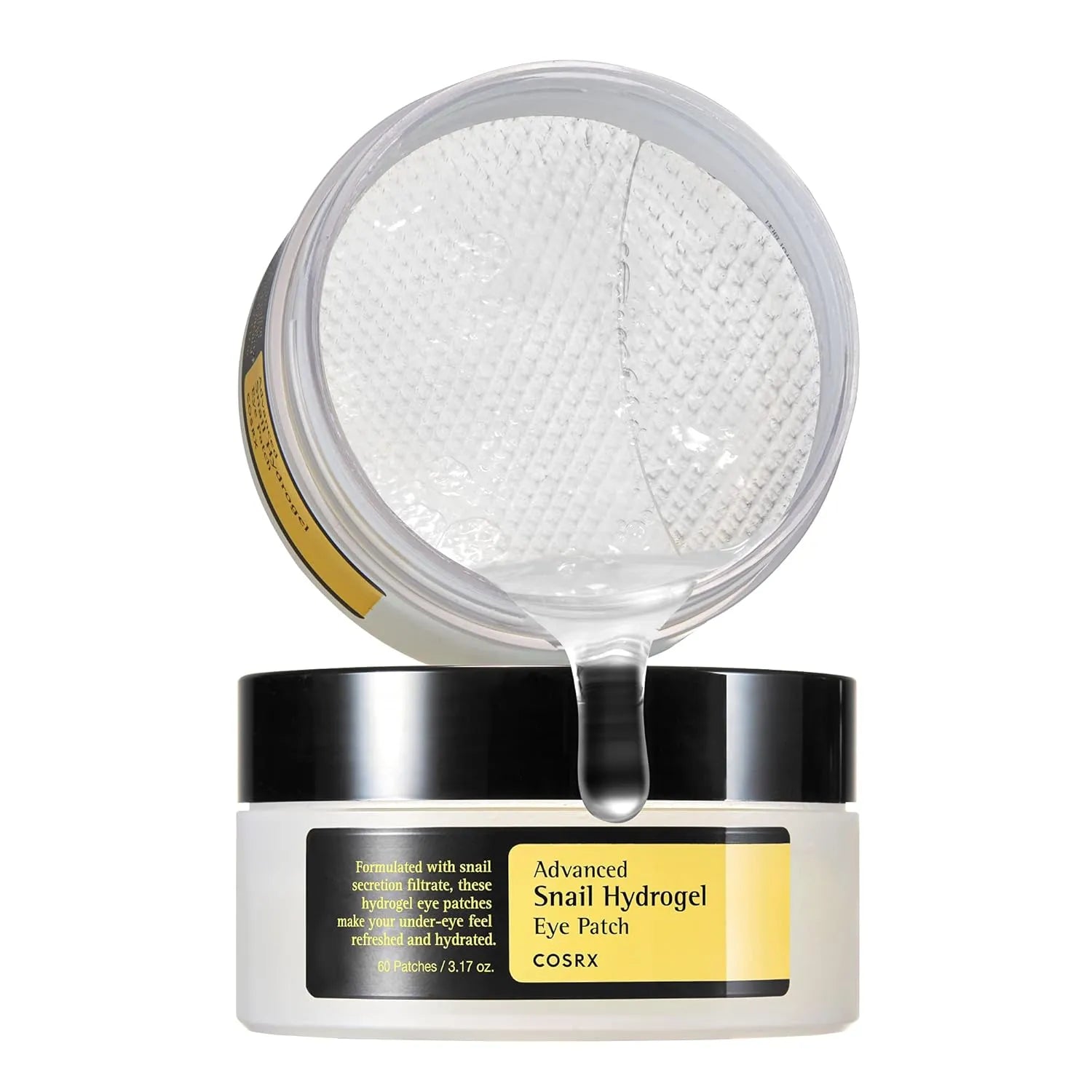 COSRX Advanced Snail Hydrogel Eye Patch jar showing hydrogel patches inside