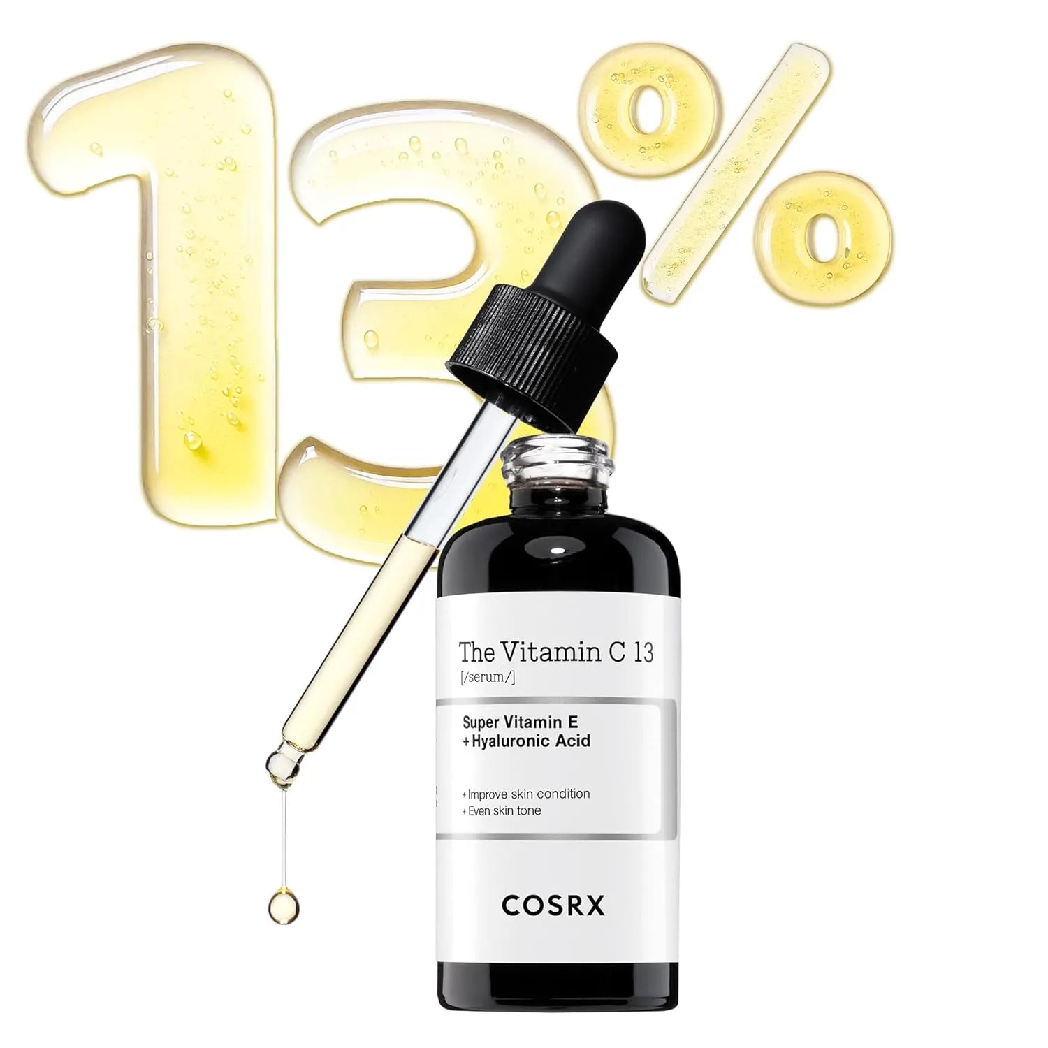 COSRX Pure Vitamin C 13% Serum bottle with dropper highlighting 13 percent vitamin C concentration
