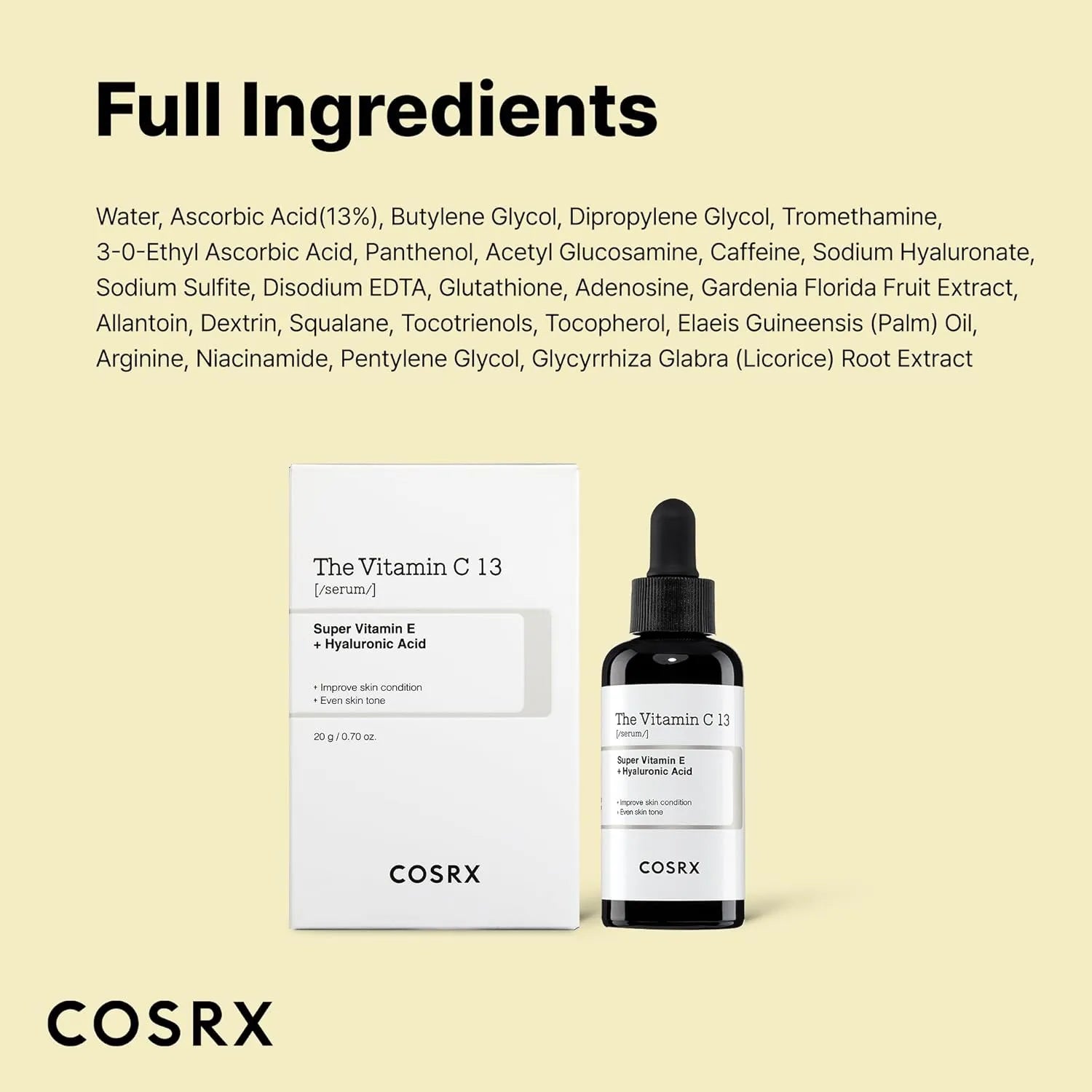 COSRX Vitamin C 13% serum full ingredients list with product box and bottle