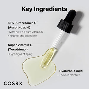 COSRX Vitamin C 13% serum key ingredients showing pure vitamin C, vitamin E, and hyaluronic acid