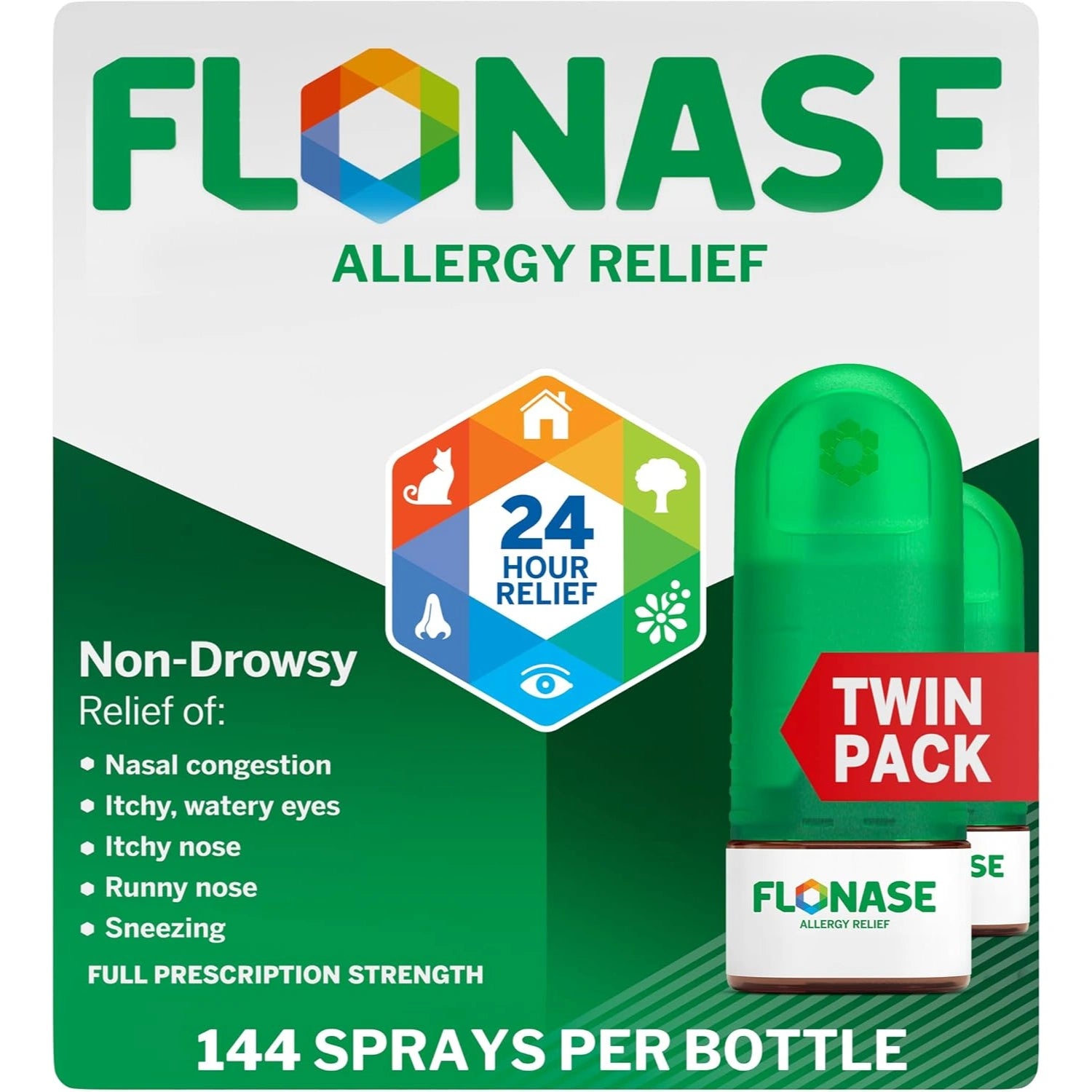Flonase Allergy Relief nasal spray twin pack with 144 sprays per bottle, 24-hour non-drowsy seasonal allergy relief