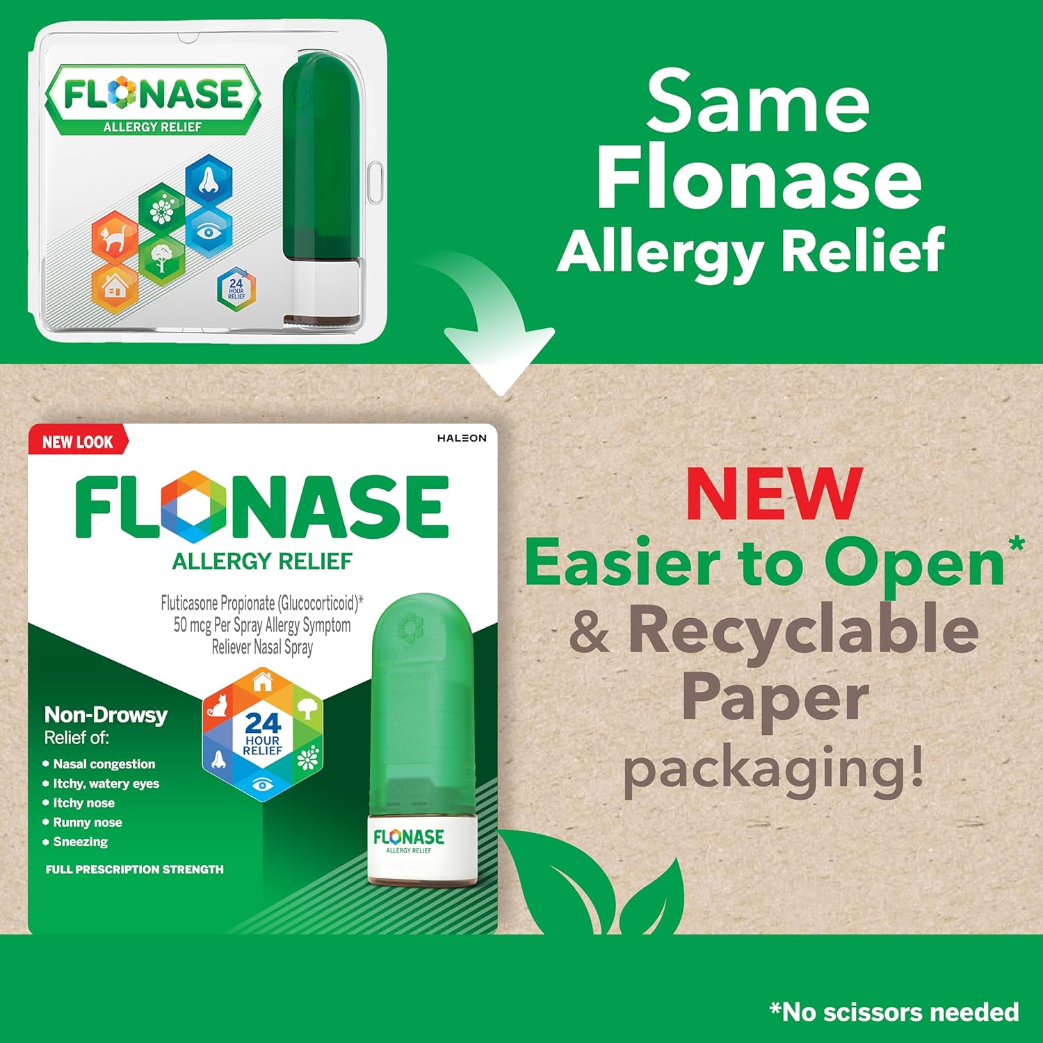 Flonase Allergy Relief nasal spray with new easier-to-open recyclable paper packaging