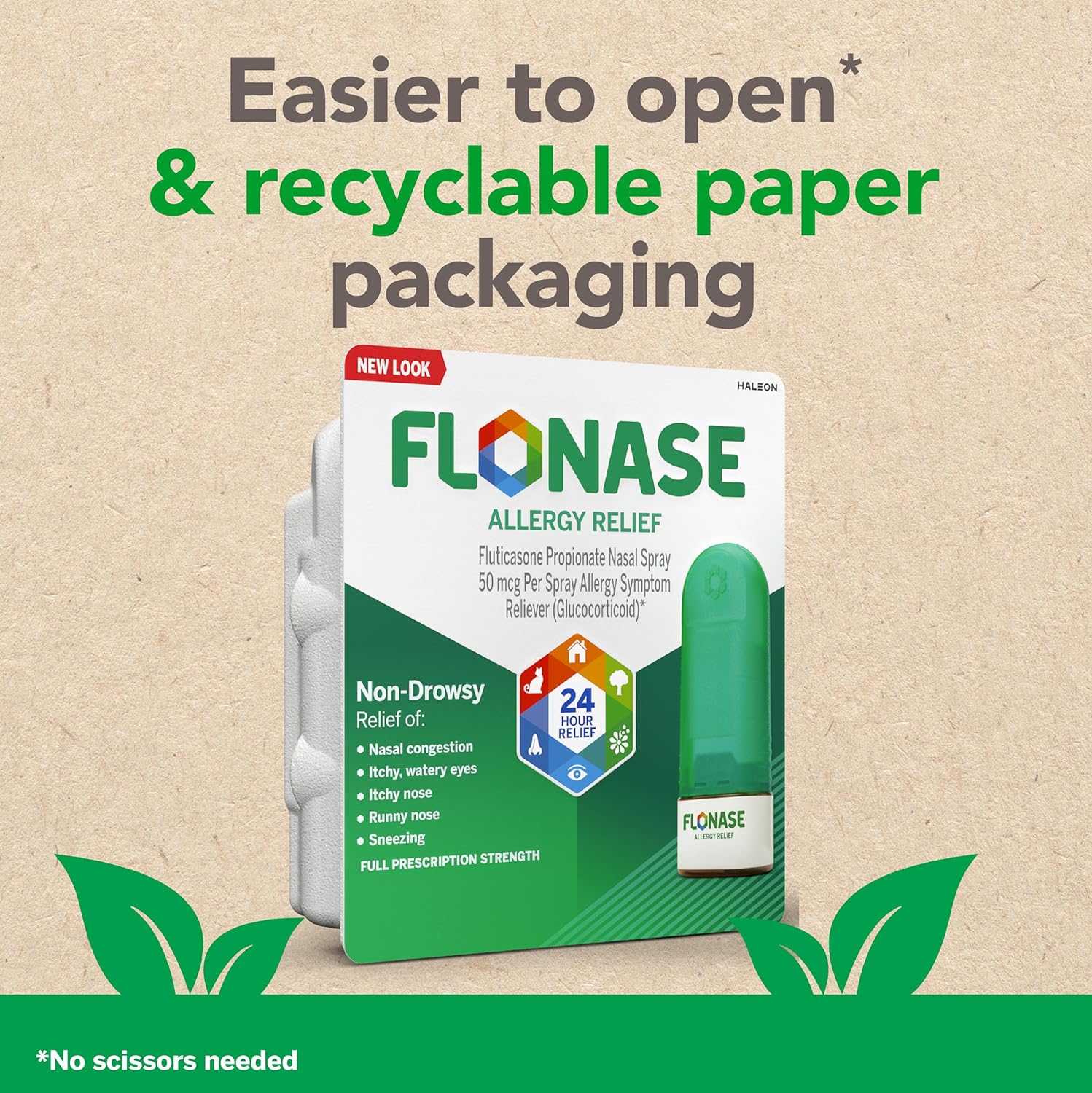 Flonase Allergy Relief 144 sprays nasal spray in recyclable paper packaging, easy open design