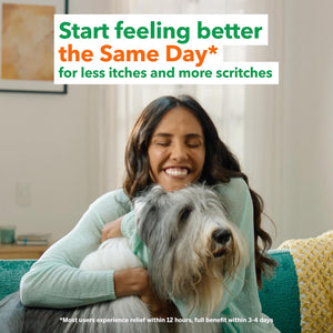 Woman hugging her dog showing relief from seasonal allergy symptoms after using Flonase nasal spray