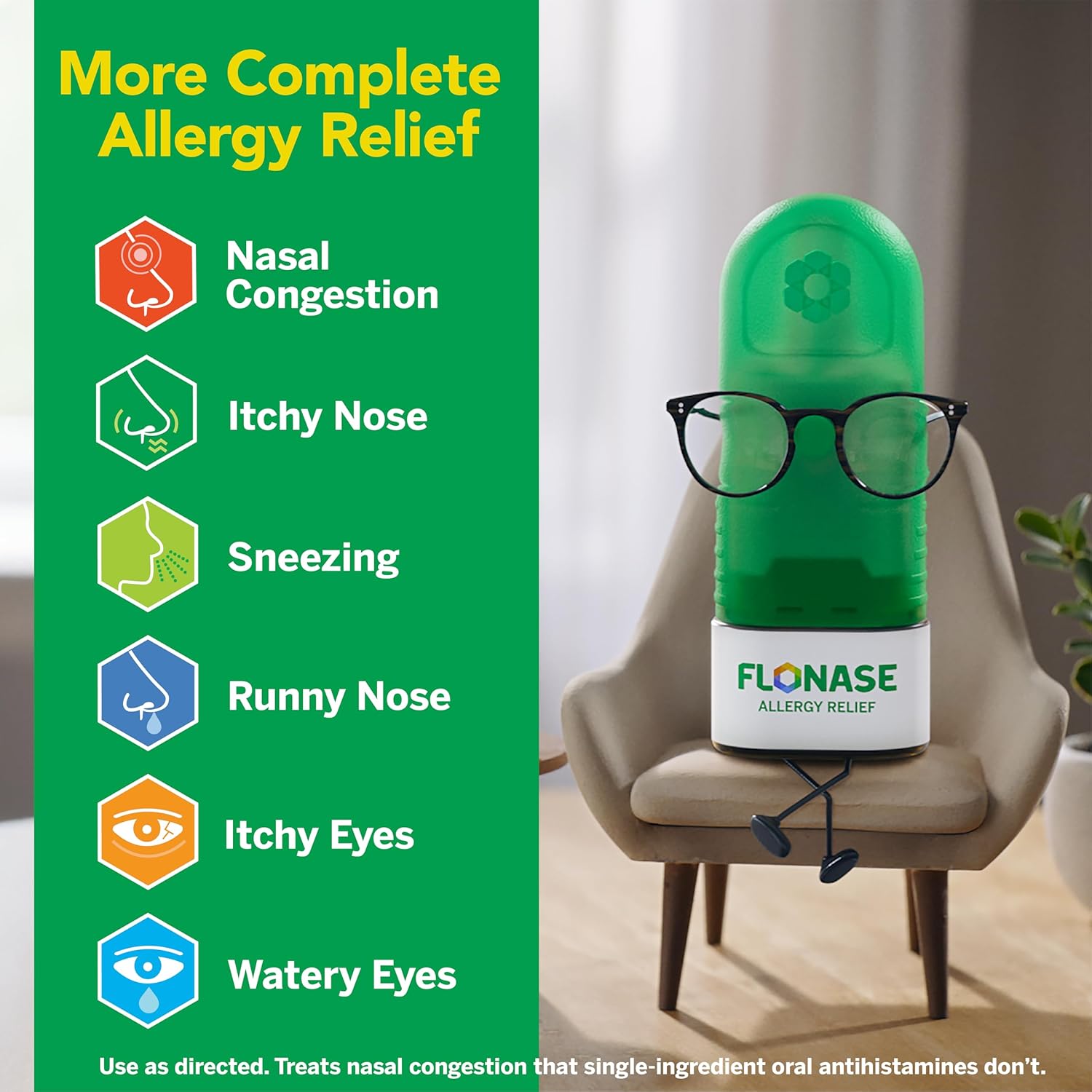 Flonase Allergy Relief nasal spray helping relieve nasal congestion, itchy nose, sneezing, runny nose and watery eyes