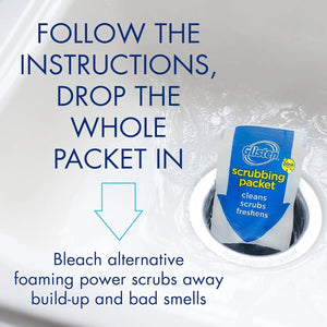 Glisten scrubbing packet placed inside garbage disposer for bleach alternative foaming power cleaning