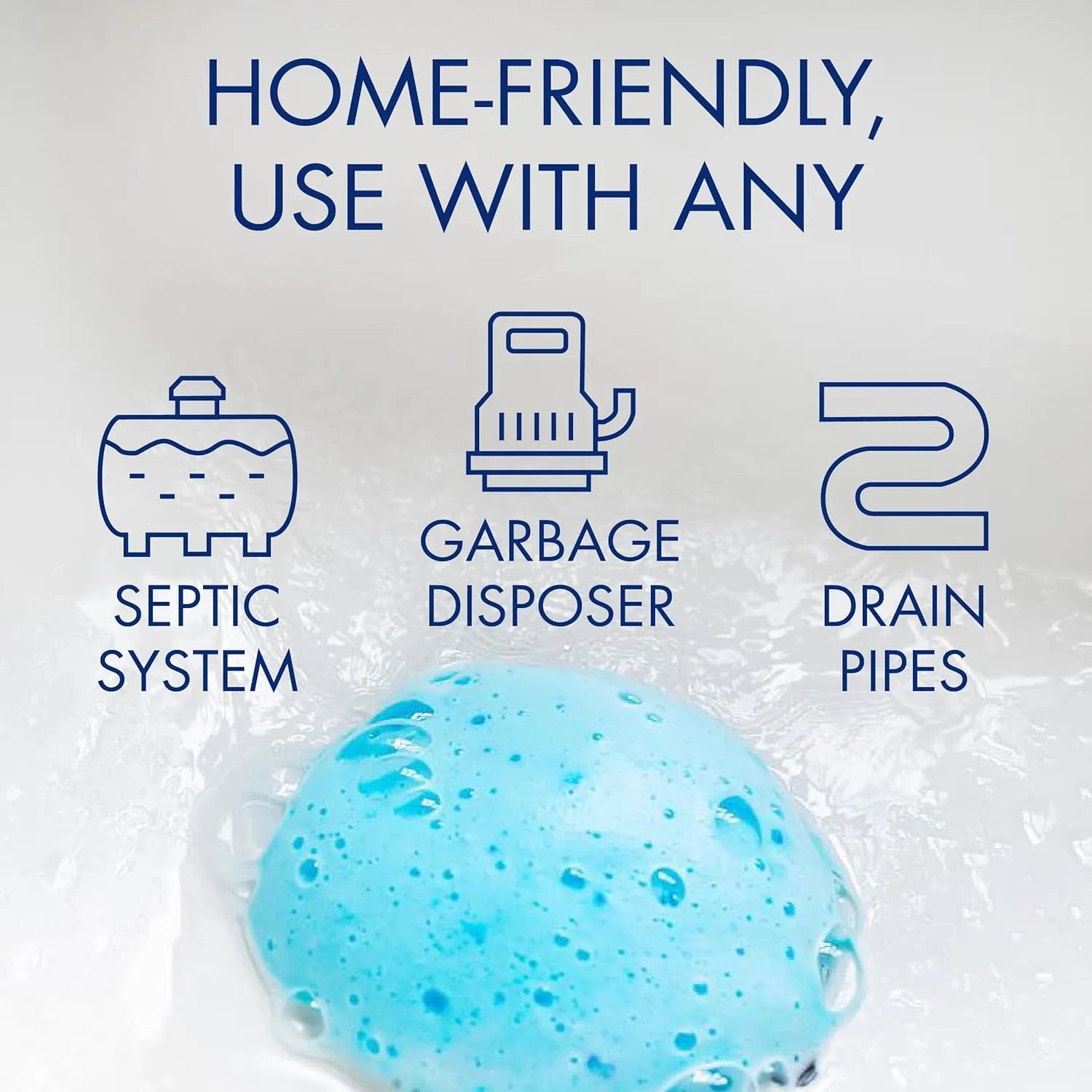 Blue foaming action inside garbage disposer showing powerful cleaning of blades and sidewalls