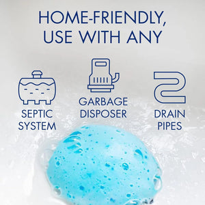 Blue foaming action inside garbage disposer showing powerful cleaning of blades and sidewalls