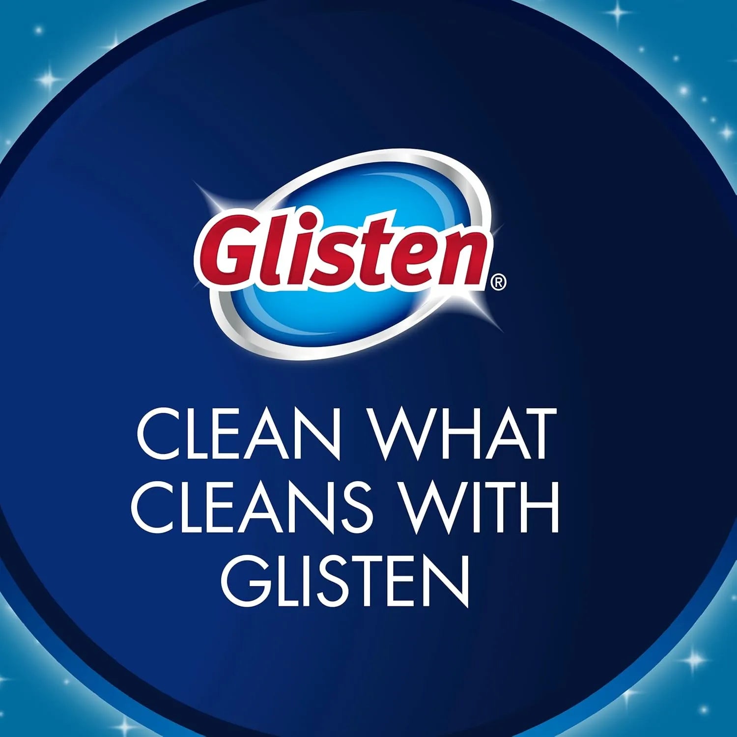 Glisten garbage disposer cleaner brand logo with Clean What Cleans With Glisten message on blue background