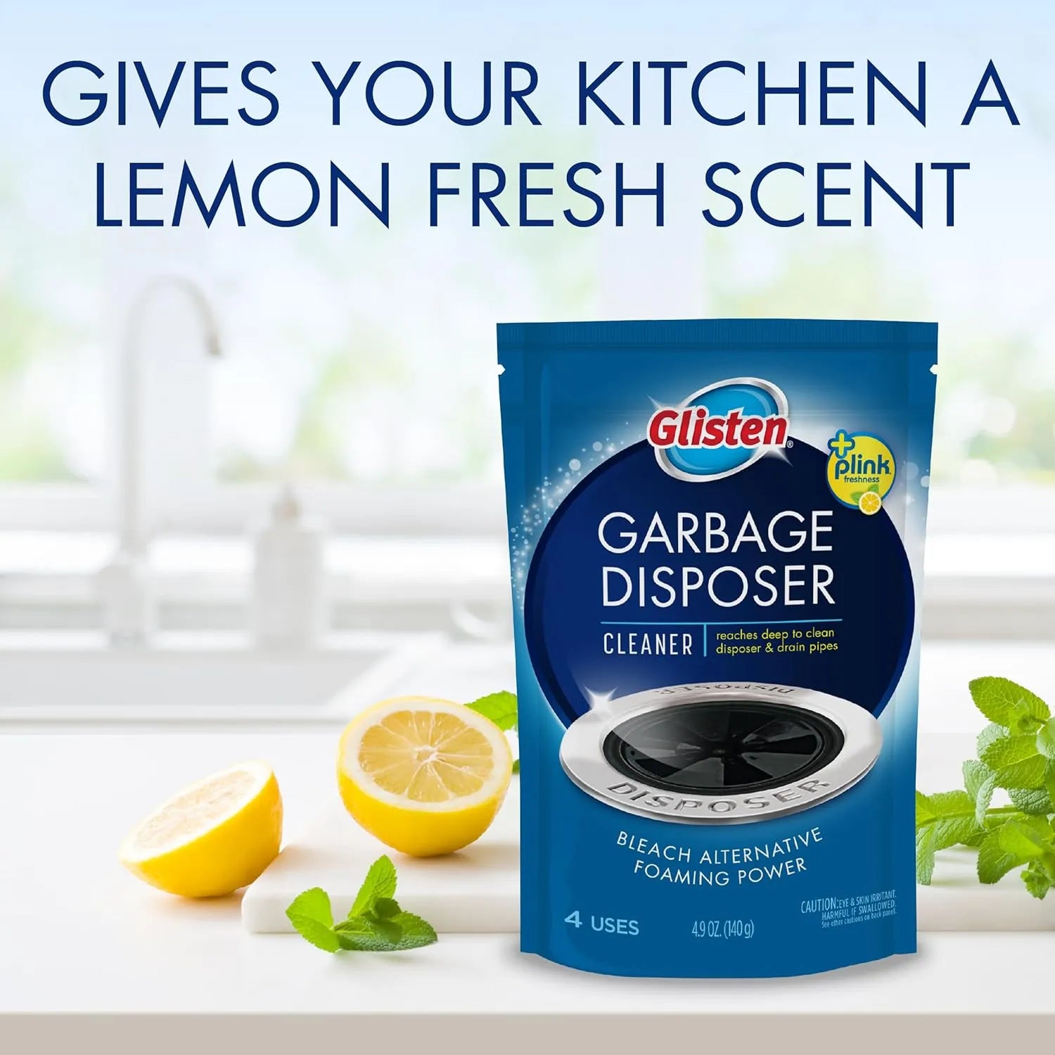 Glisten garbage disposer foaming cleaner lemon scent pouch with fresh lemons and mint leaves on kitchen counter