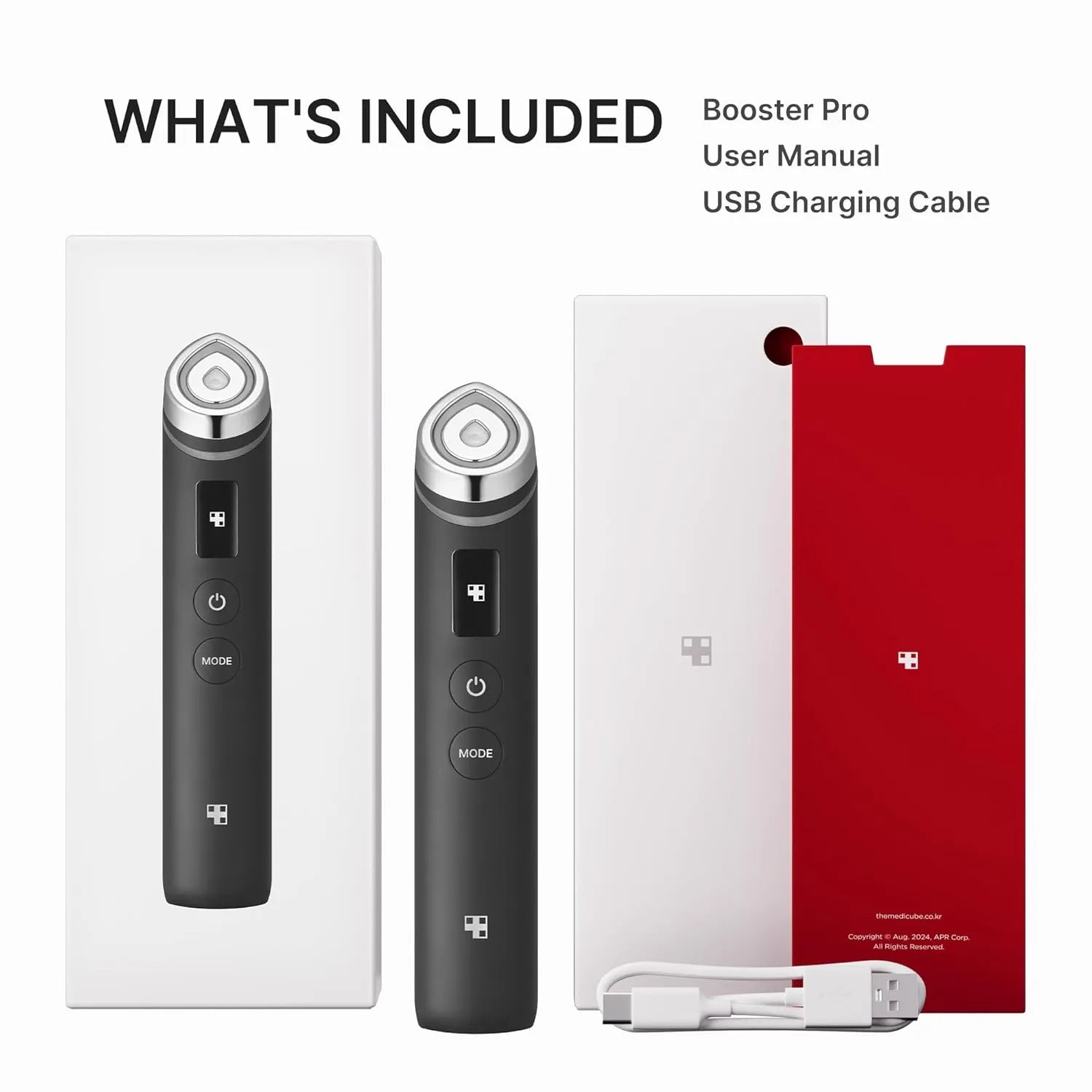 Medicube Booster Pro facial device with packaging, user manual, and USB charging cable included