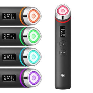 Close-up of Medicube Booster Pro showing LED colors for Booster, MC, Air Shot, and Derma Shot modes