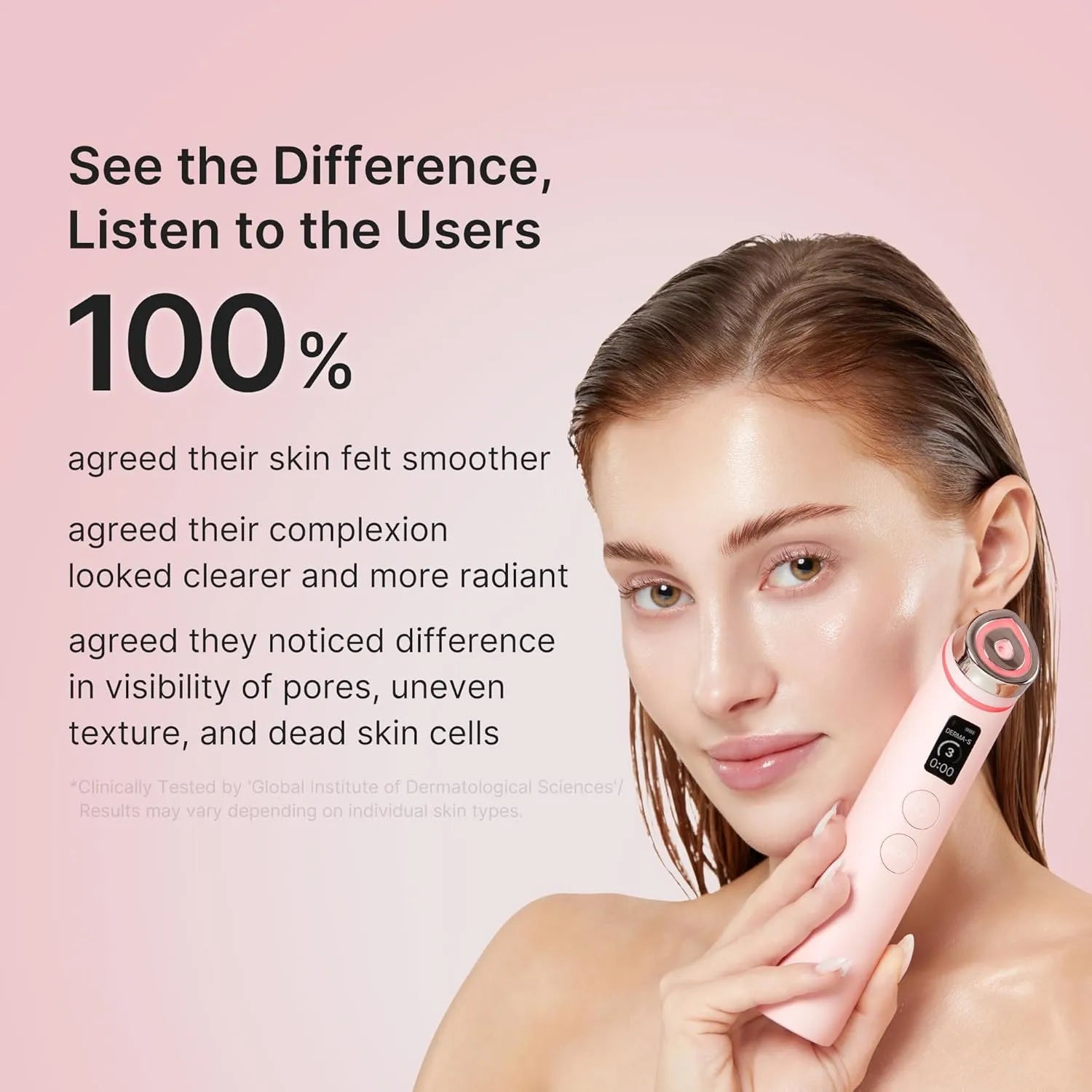 model using medicube Booster Pro Pink facial device for smooth, radiant glass skin