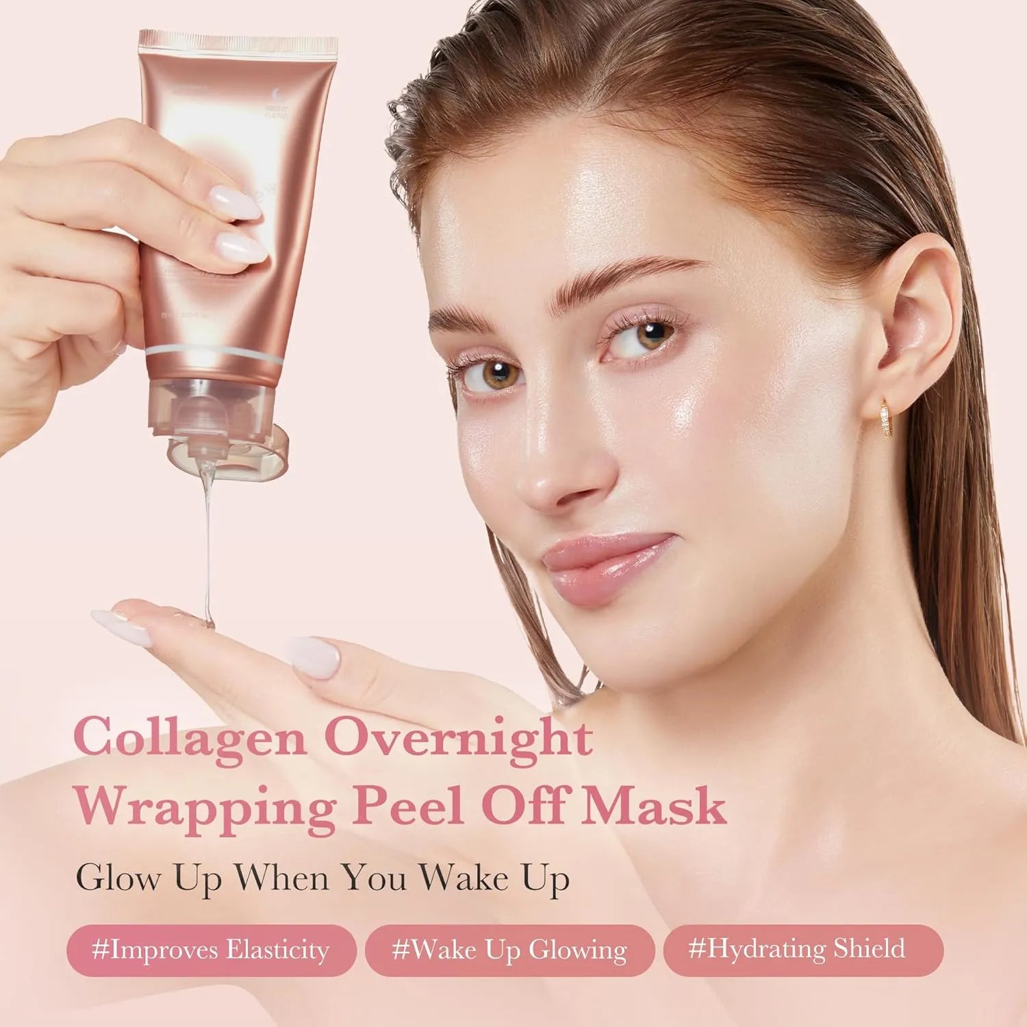 Model applying Medicube Collagen Night Wrapping Mask showing glossy texture and overnight hydration treatment