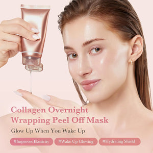 Model applying Medicube Collagen Night Wrapping Mask showing glossy texture and overnight hydration treatment