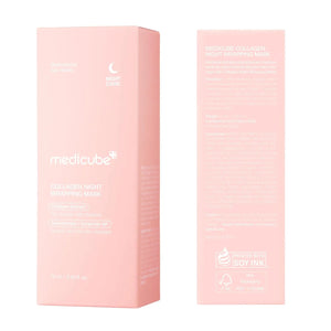 Medicube Collagen Night Wrapping Mask packaging showing front and back, overnight peel off mask with collagen, niacinamide and ceramide NP, 75 ml
