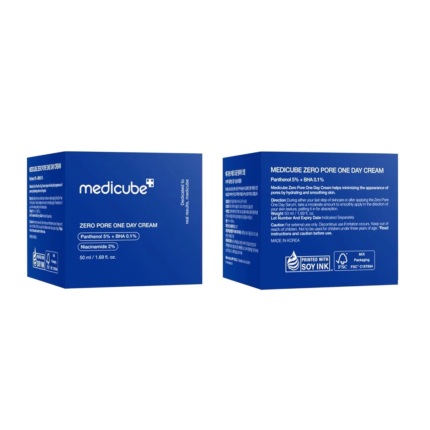 Medicube Zero Pore One-Day Cream packaging showing front and back, 50 ml Korean skincare
