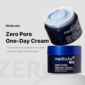 Open jar of Medicube Zero Pore One-Day Cream showing lightweight blue cream texture