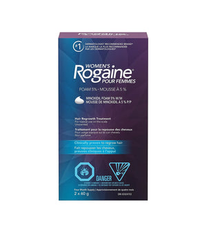 Rogaine for Women 5% Minoxidil Foam hair regrowth treatment box packaging showing four-month supply