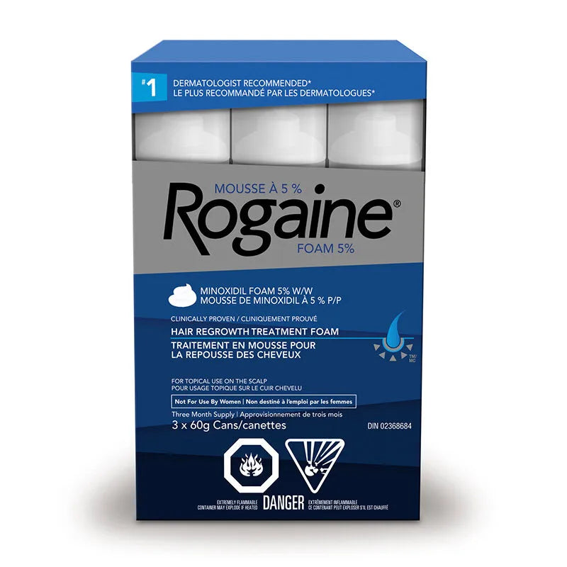 Rogaine Men’s 5% Minoxidil Foam extra strength hair regrowth treatment box packaging
