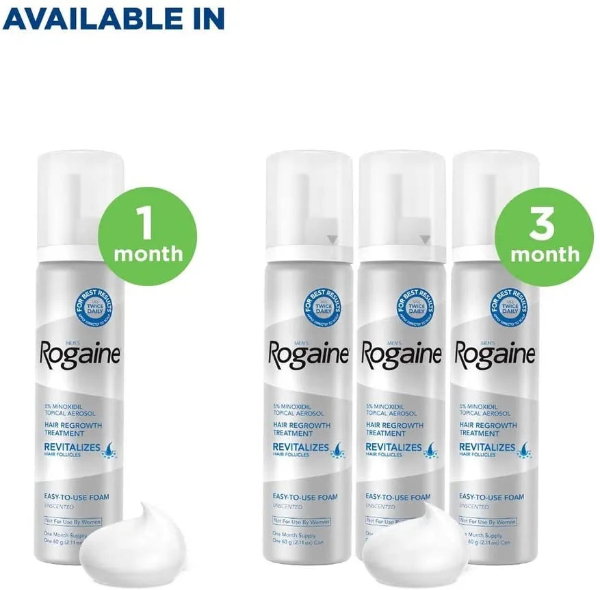 Rogaine Men’s 5% Minoxidil Foam shown in one-month and three-month supply options