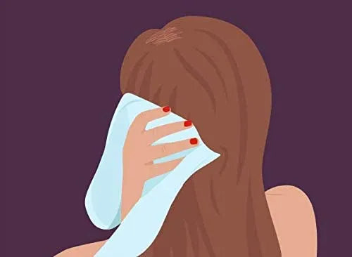 Illustration showing a woman drying her hair before applying Rogaine Women’s 5% Minoxidil Foam